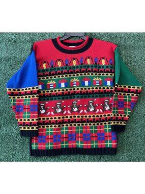 Knitwaves USA Vintage Christmas Sweater Multicolor Penguins Gifts Size L